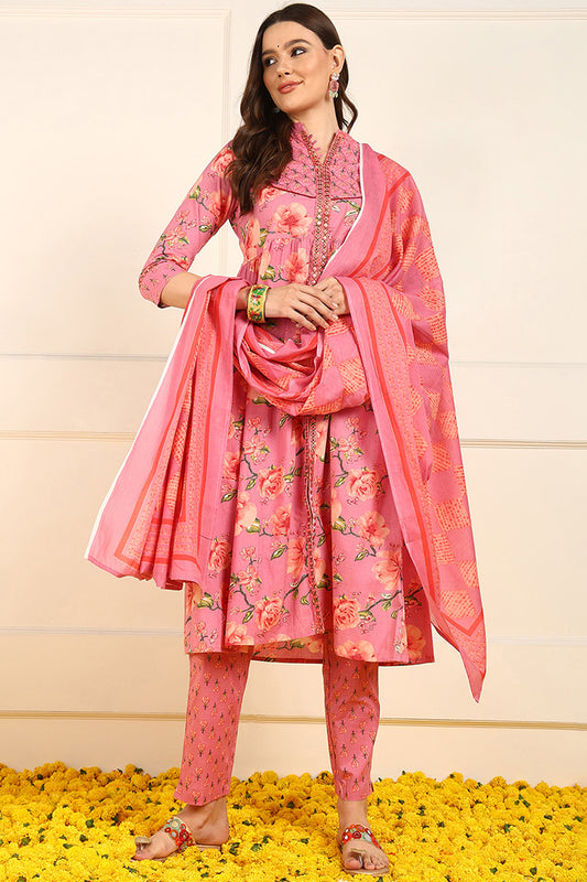 Pink Pure Cotton Floral Embroidered A-Line Suit Set JPSKD1025PNK