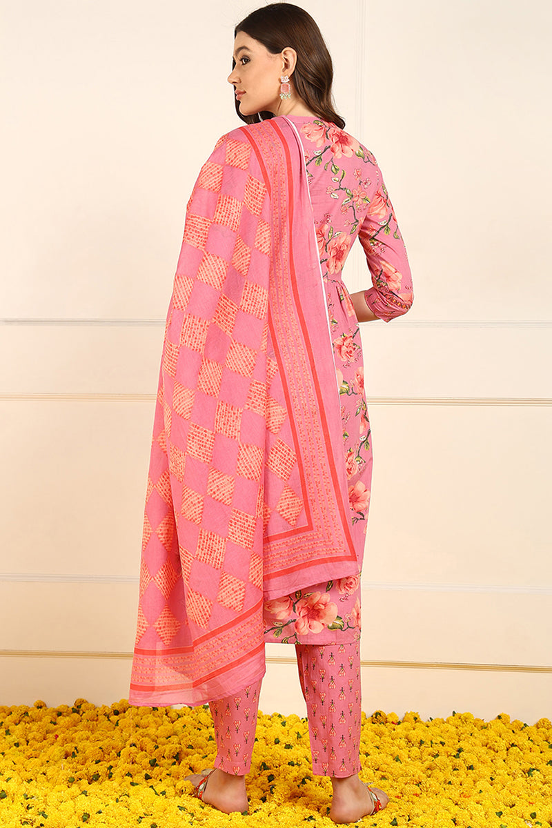 Pink Pure Cotton Floral Embroidered A-Line Suit Set JPSKD1025PNK