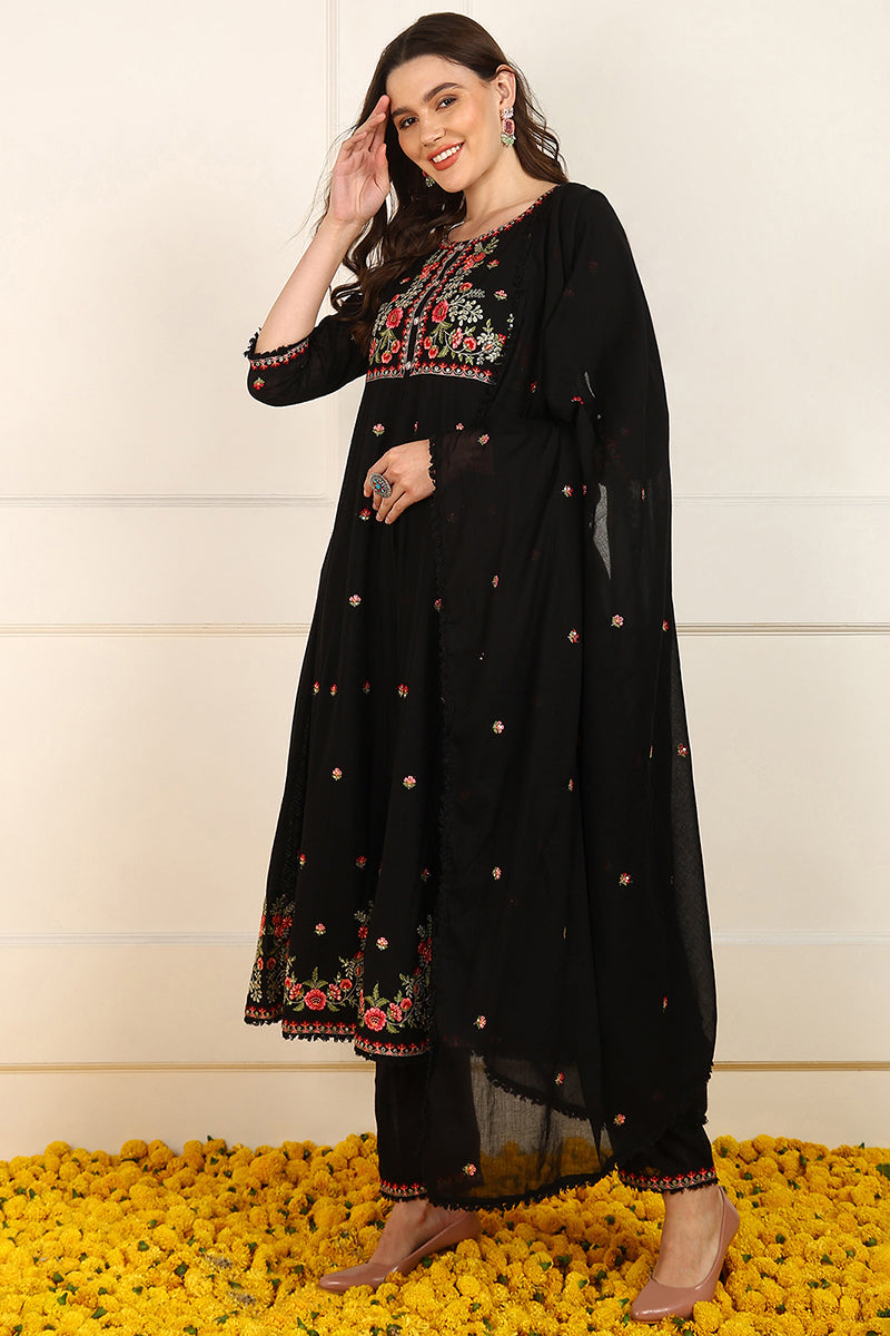 Black Cotton Embroidered Anarkali Suit Set JPSKD1027BLK