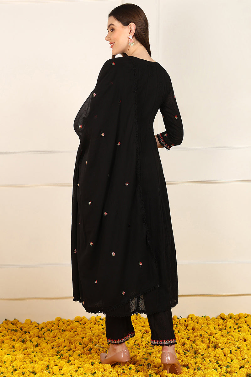 Black Cotton Embroidered Anarkali Suit Set JPSKD1027BLK