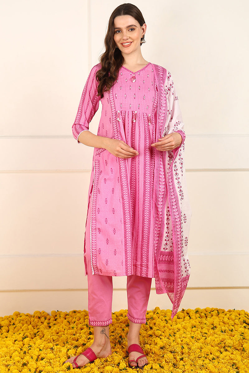 Pink Cotton Floral Printed Straight Suit Set JPSKD1028PNK