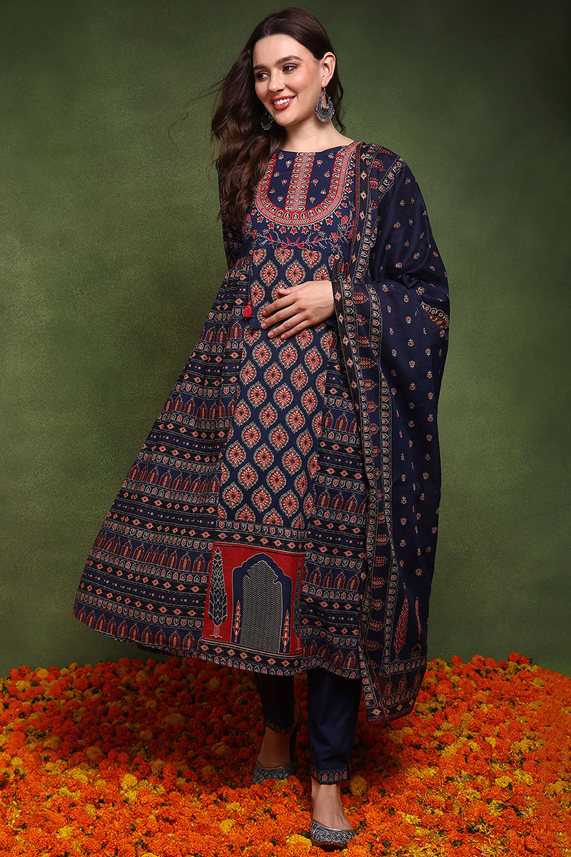 Navy Blue Pure Cotton Ethnic Motifs Printed A-Line Suit Set JPSKD1030BLU