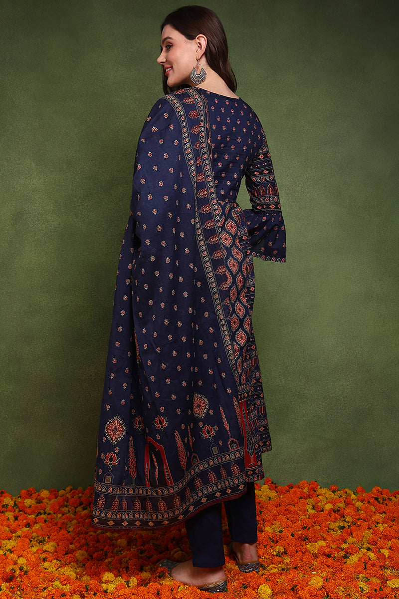 Navy Blue Pure Cotton Ethnic Motifs Printed A-Line Suit Set JPSKD1030BLU