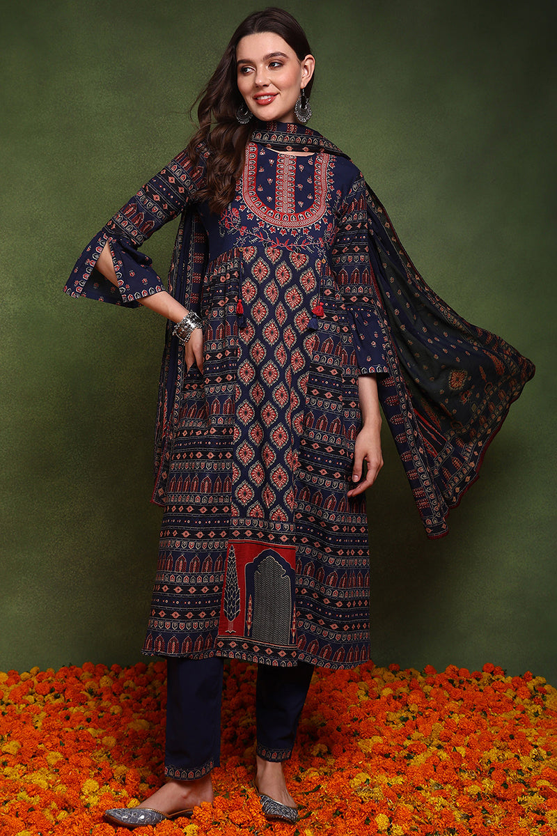 Navy Blue Pure Cotton Ethnic Motifs Printed A-Line Suit Set JPSKD1030BLU