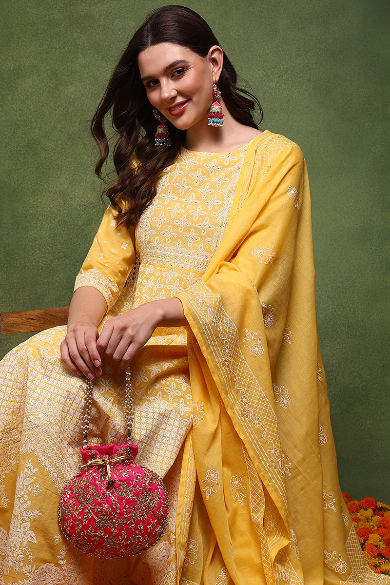 Yellow Pure Cotton Ethnic Motifs Printed Anarkali Suit Set JPSKD1031YLW