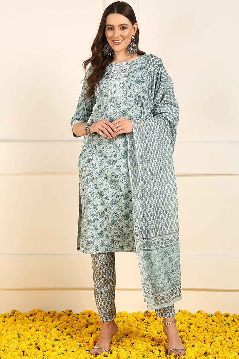 Green Pure Cotton Floral Embroidered Straight Suit Set JPSKD1032GRN