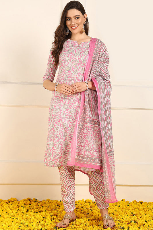 Pink Pure Cotton Floral Printed Straight Suit Set JPSKD1033PNK