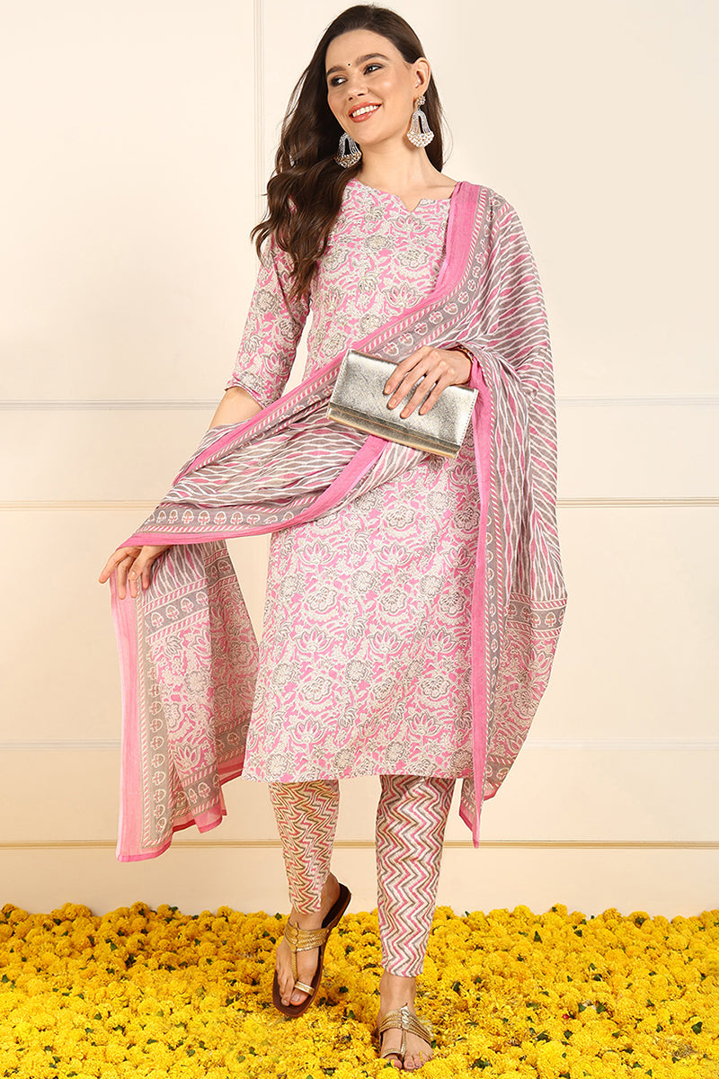 Pink Pure Cotton Floral Printed Straight Suit Set JPSKD1033PNK