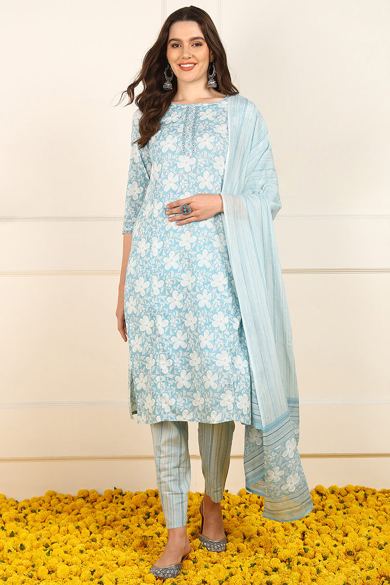 Blue Cotton Floral Printed Straight Suit Set JPSKD1034BLU