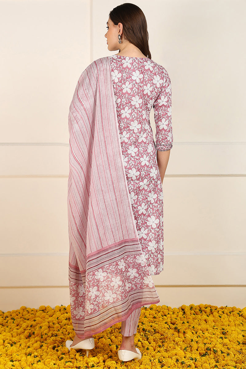 Pink Cotton Floral Printed Straight Suit Set JPSKD1034PNK