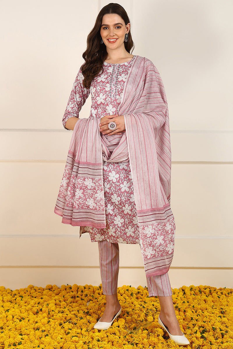 Pink Cotton Floral Printed Straight Suit Set JPSKD1034PNK