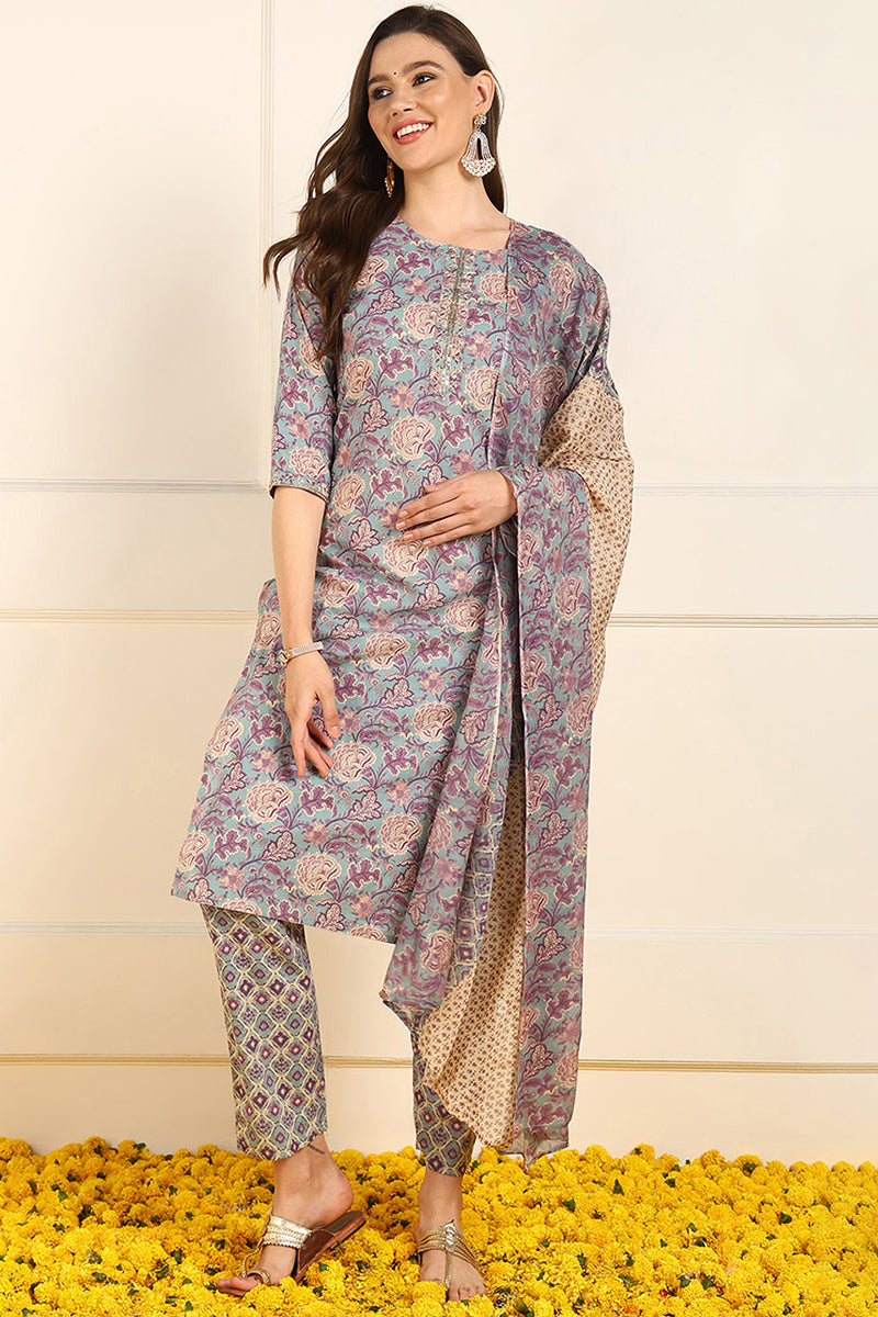 Violet Pure Cotton Floral Embroidered Straight Suit Set JPSKD1035VLT