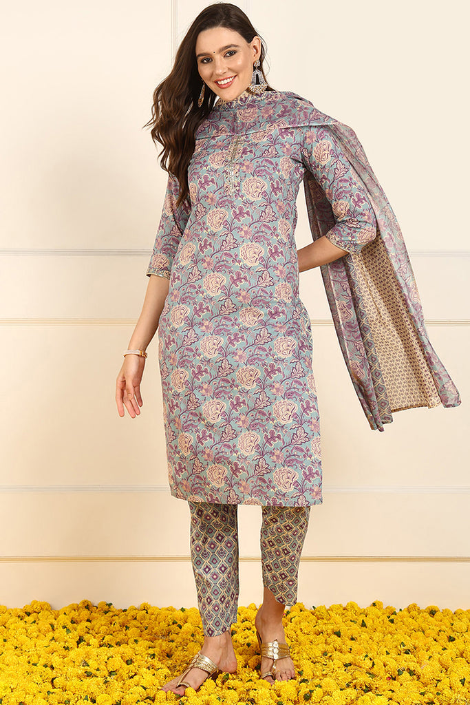 Violet Pure Cotton Floral Embroidered Straight Suit Set 
