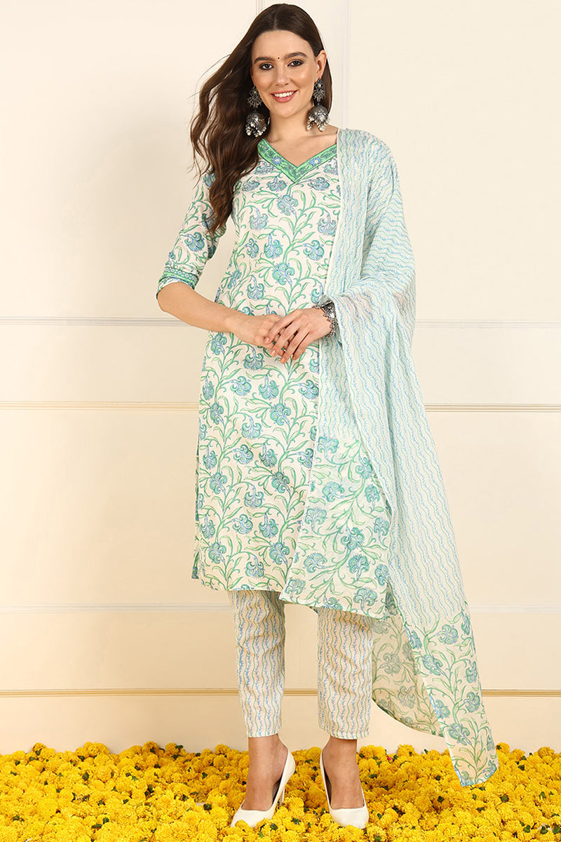 White Pure Cotton Floral Printed Straight Suit Set JPSKD1036GRN