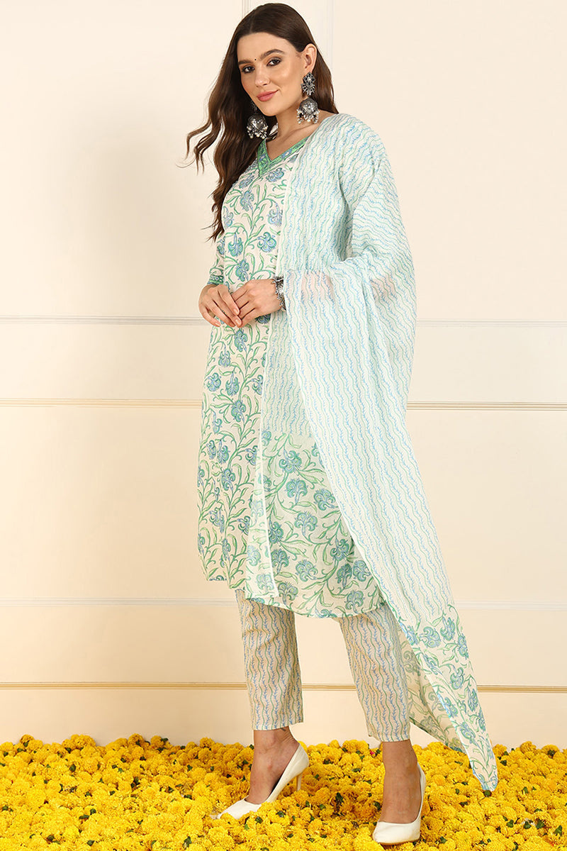 White Pure Cotton Floral Printed Straight Suit Set JPSKD1036GRN