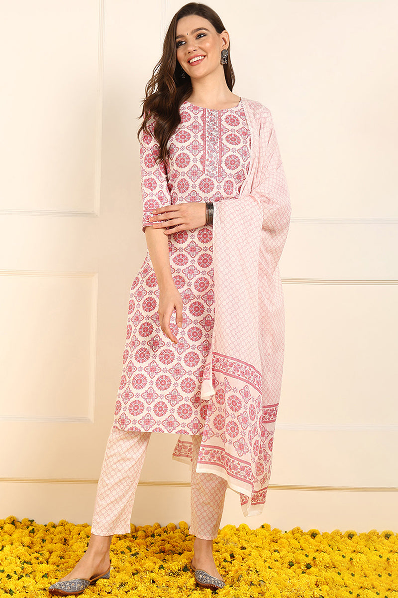 Pink Pure Cotton Ethnic Motifs Printed Straight Suit Set JPSKD1037PNK