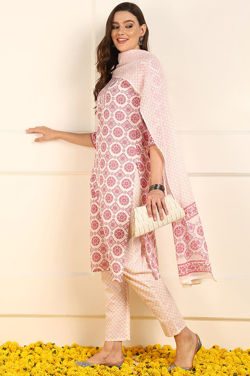 Pink Pure Cotton Ethnic Motifs Printed Straight Suit Set JPSKD1037PNK