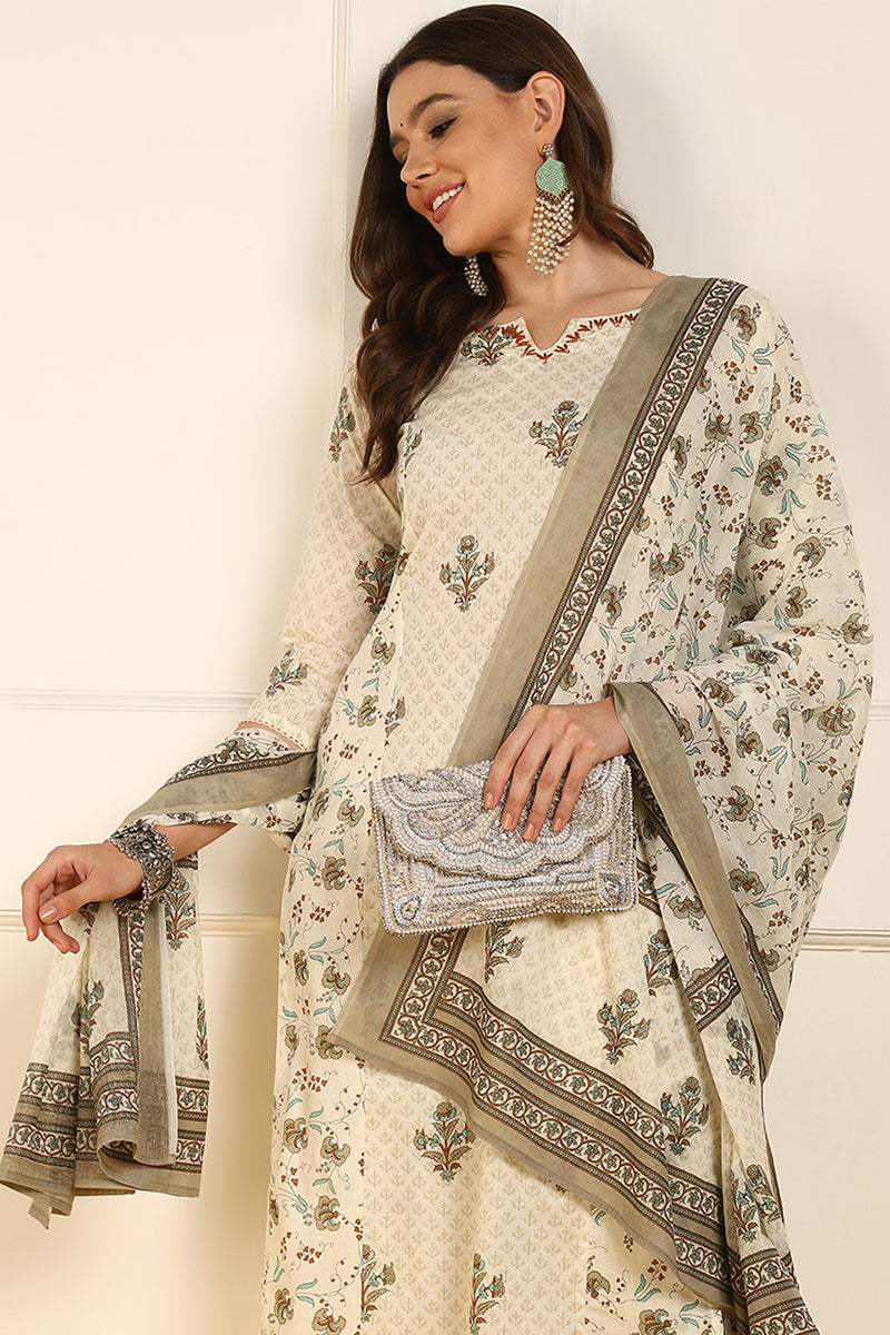 Cream Pure Cotton Ethnic Motifs Printed Straight Suit Set JPSKD1038CRM