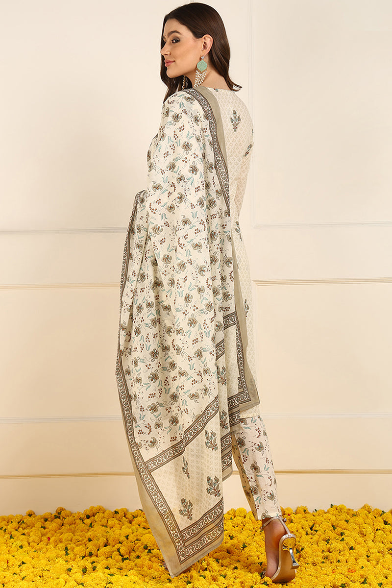 Cream Pure Cotton Ethnic Motifs Printed Straight Suit Set JPSKD1038CRM