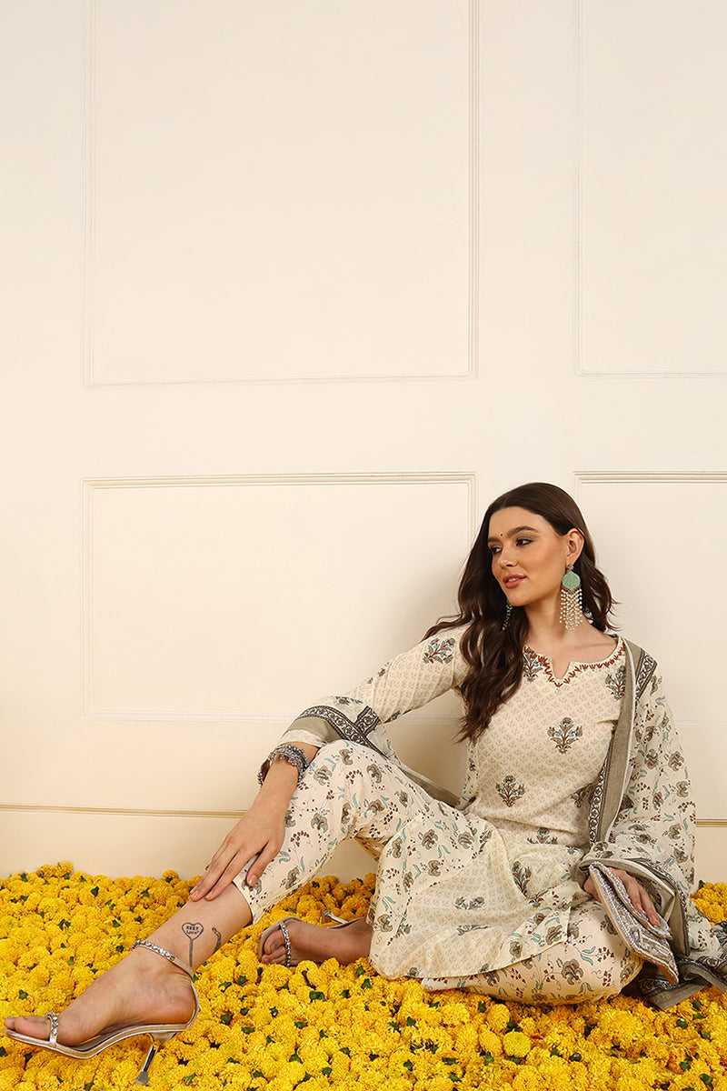 Cream Pure Cotton Ethnic Motifs Printed Straight Suit Set JPSKD1038CRM