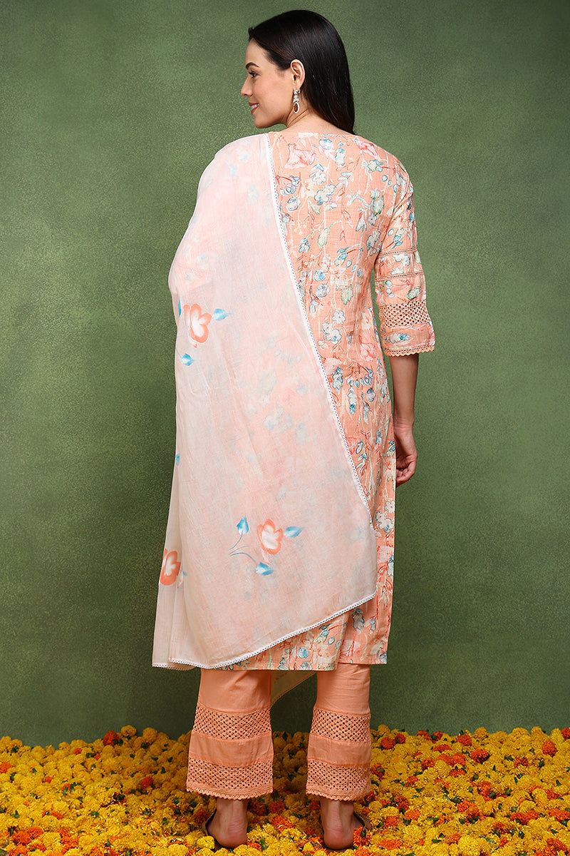 Peach Pure Cotton Floral Printed Straight Suit Set JPSKD1042PCH