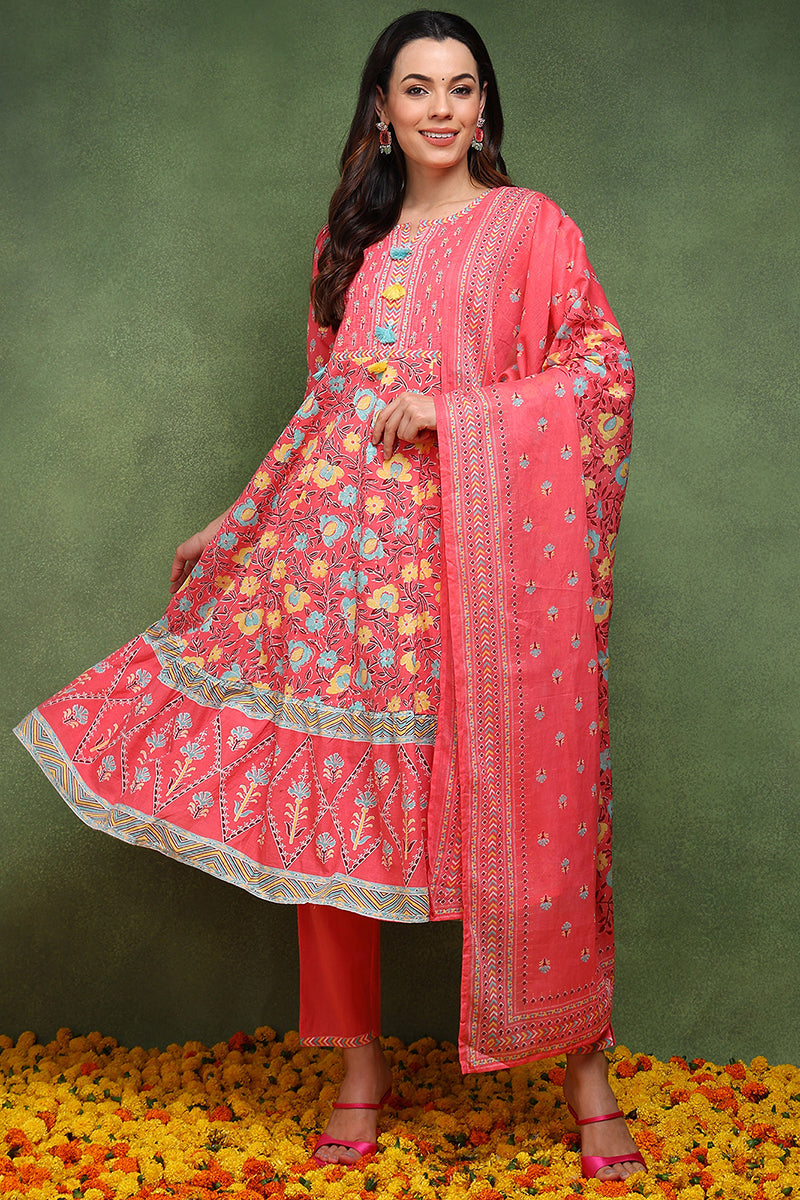 Pink Pure Cotton Floral Printed Anarkali Suit Set JPSKD1046PNK