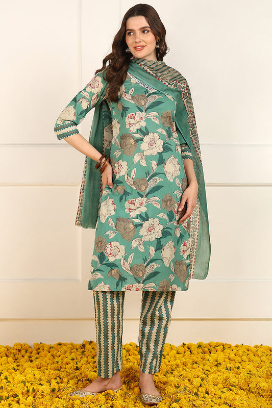 Green Cotton Floral Printed Straight Suit Set JPSKD1047GRN