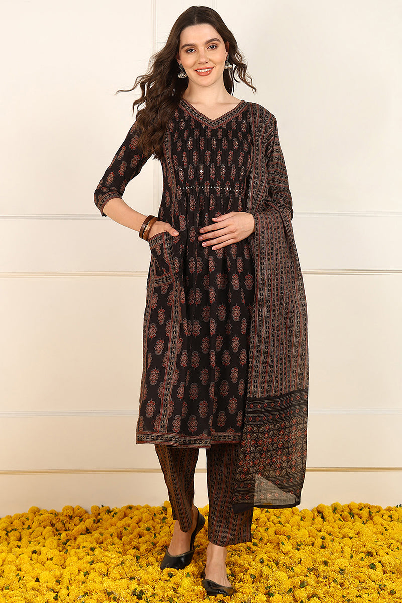 Brown Cotton Ethnic Printed A-Line Suit Set JPSKD1048BRN