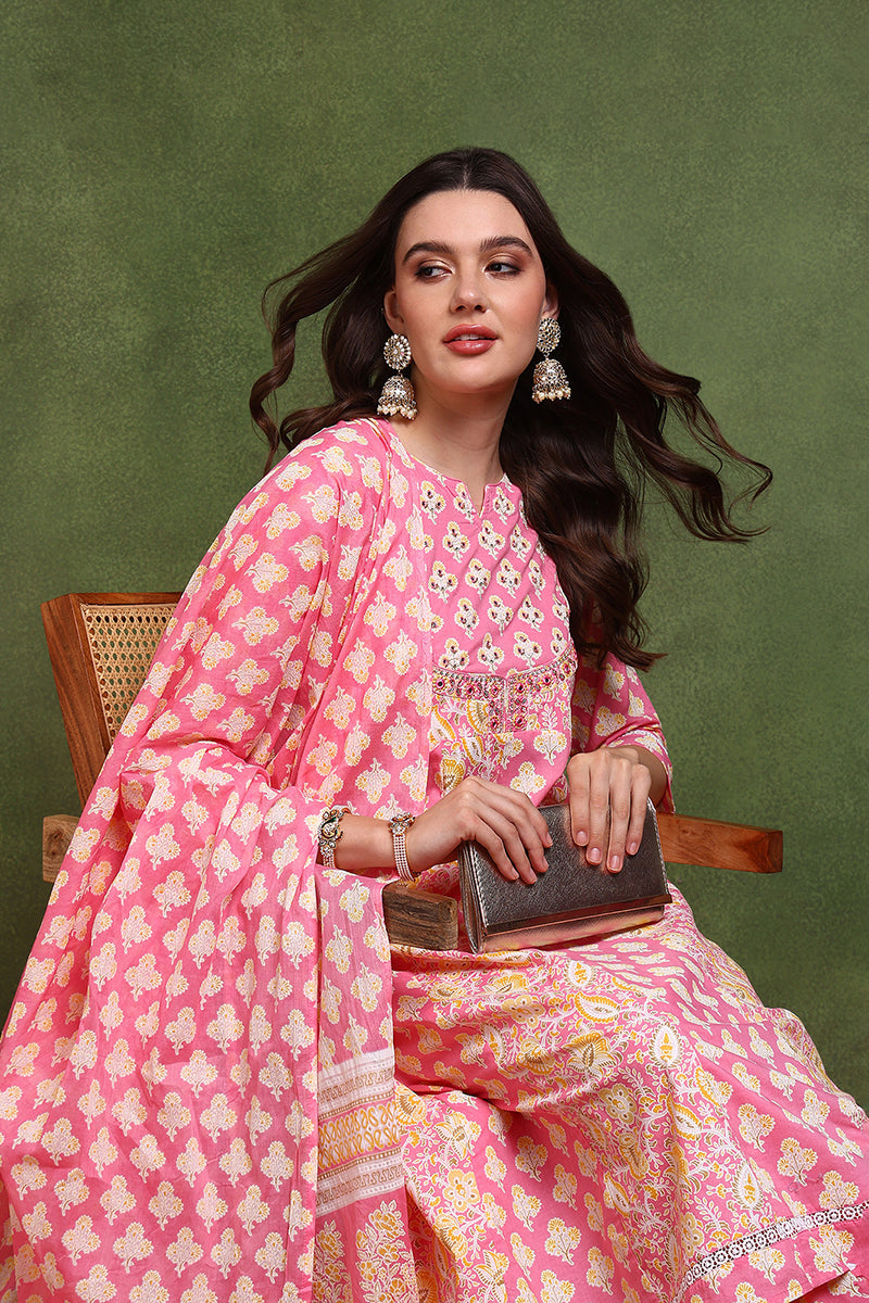 Pink Pure Cotton Ethnic Motifs Embroidered Anarkali Suit Set JPSKD1048PNK