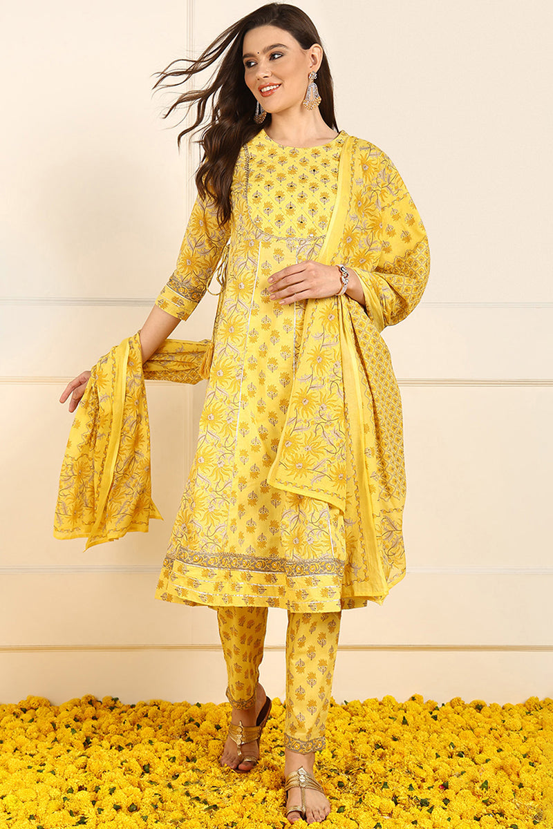 Yellow Pure Cotton Floral Embroidered Anarkali Suit Set JPSKD1051YLW