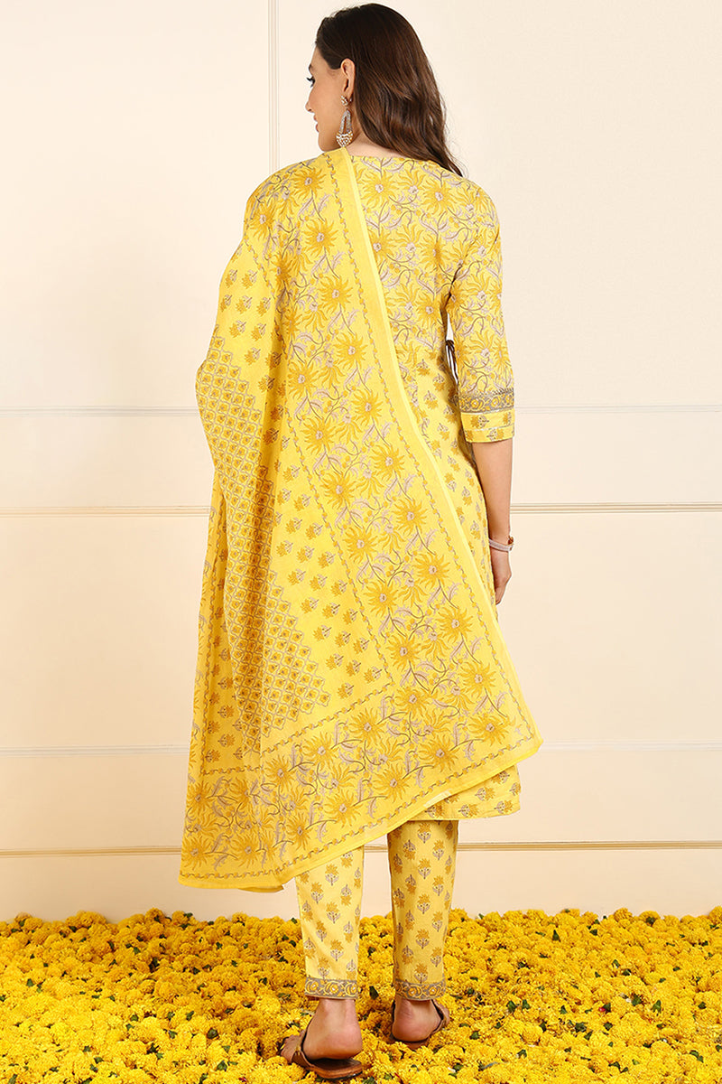 Yellow Pure Cotton Floral Embroidered Anarkali Suit Set JPSKD1051YLW