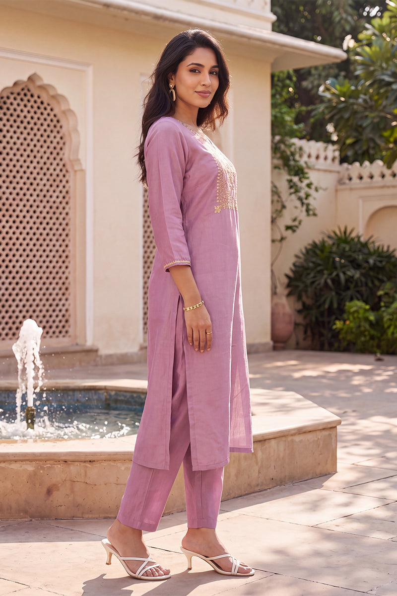 Ahika Women's Purple Solid Embroidered Kurta with Trouser Set LPKSET1004