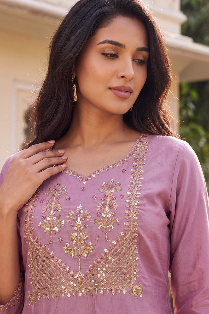 Ahika Women's Purple Solid Embroidered Kurta with Trouser Set LPKSET1004