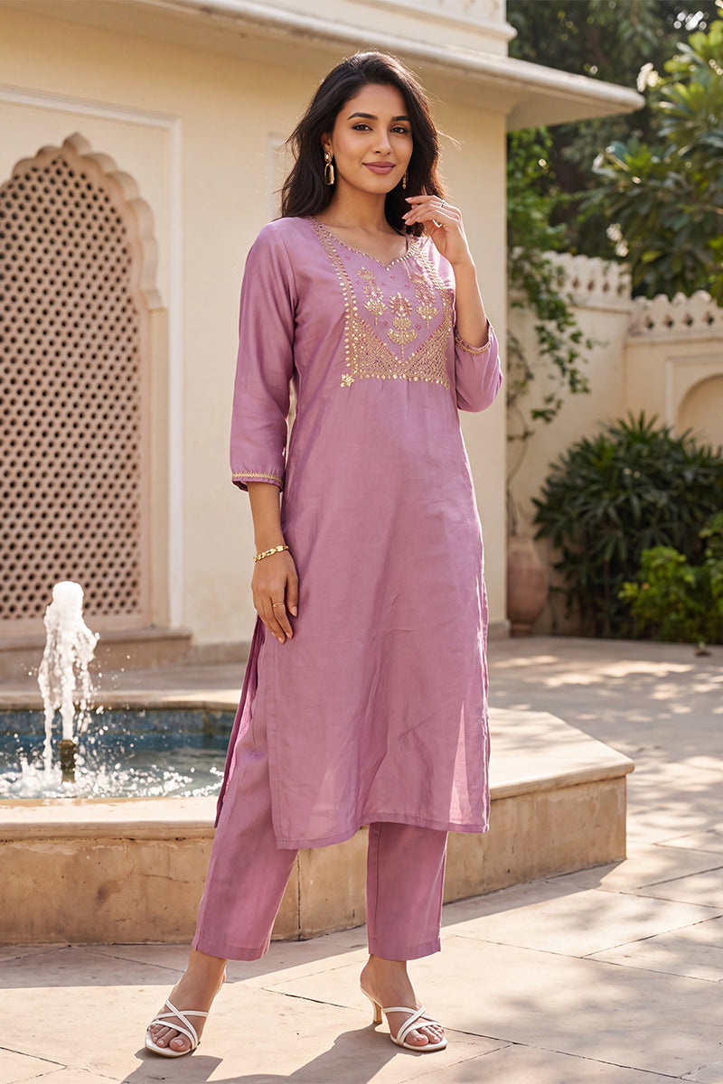 Ahika Women's Purple Solid Embroidered Kurta with Trouser Set LPKSET1004