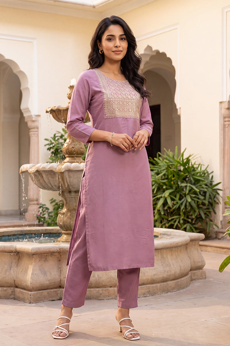 Ahika Women's Mauve Solid Embroidered Kurta with Trouser Set LPKSET1005