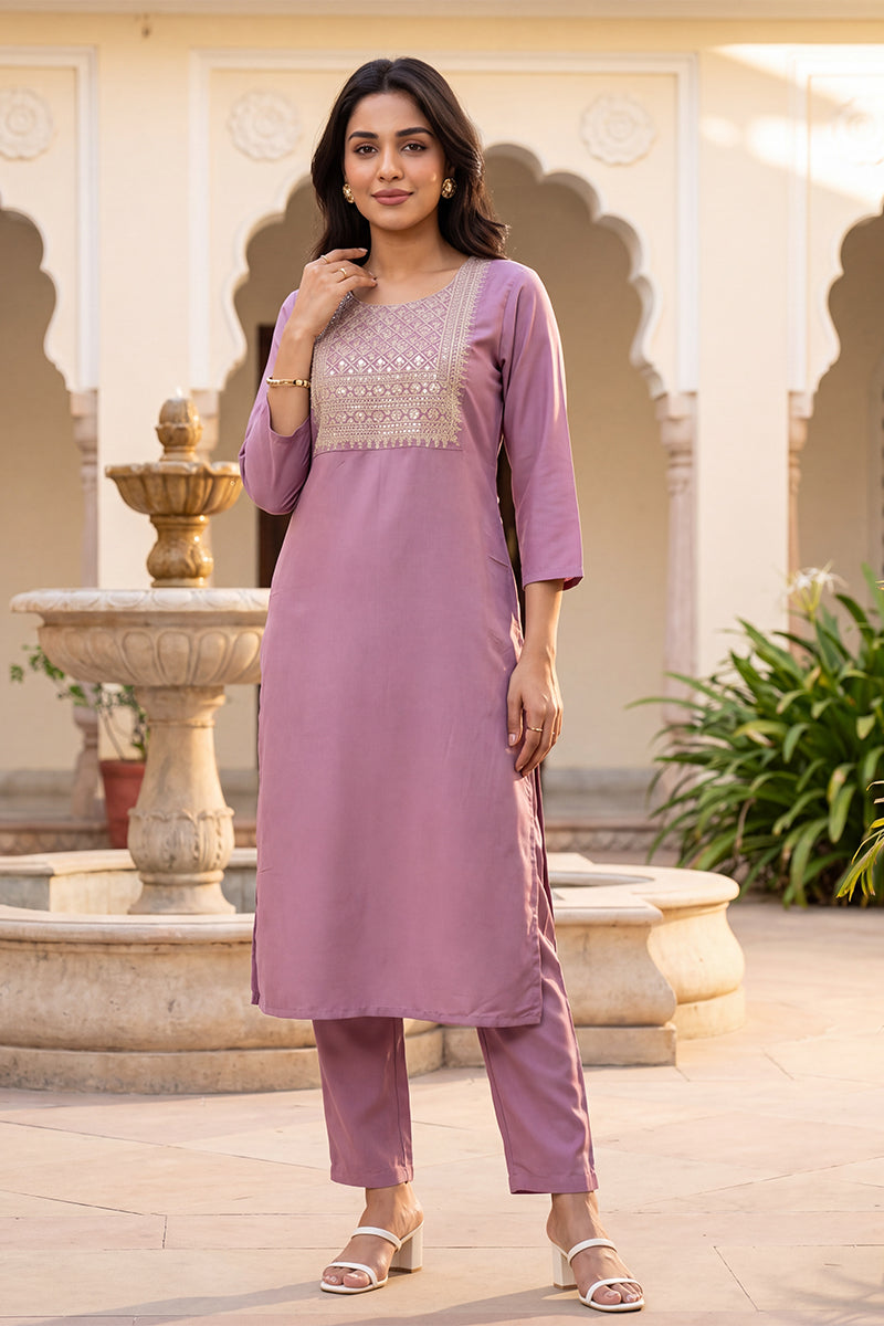Ahika Women's Mauve Solid Embroidered Kurta with Trouser Set LPKSET1005