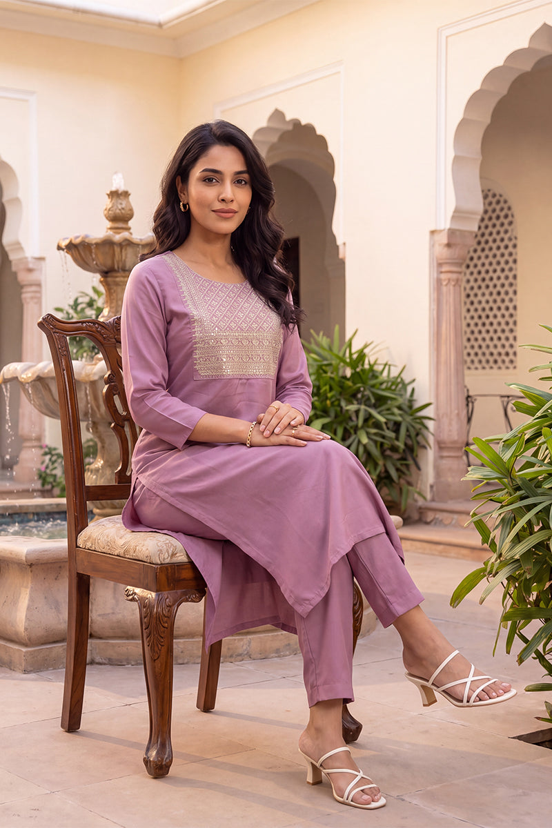 Ahika Women's Mauve Solid Embroidered Kurta with Trouser Set LPKSET1005