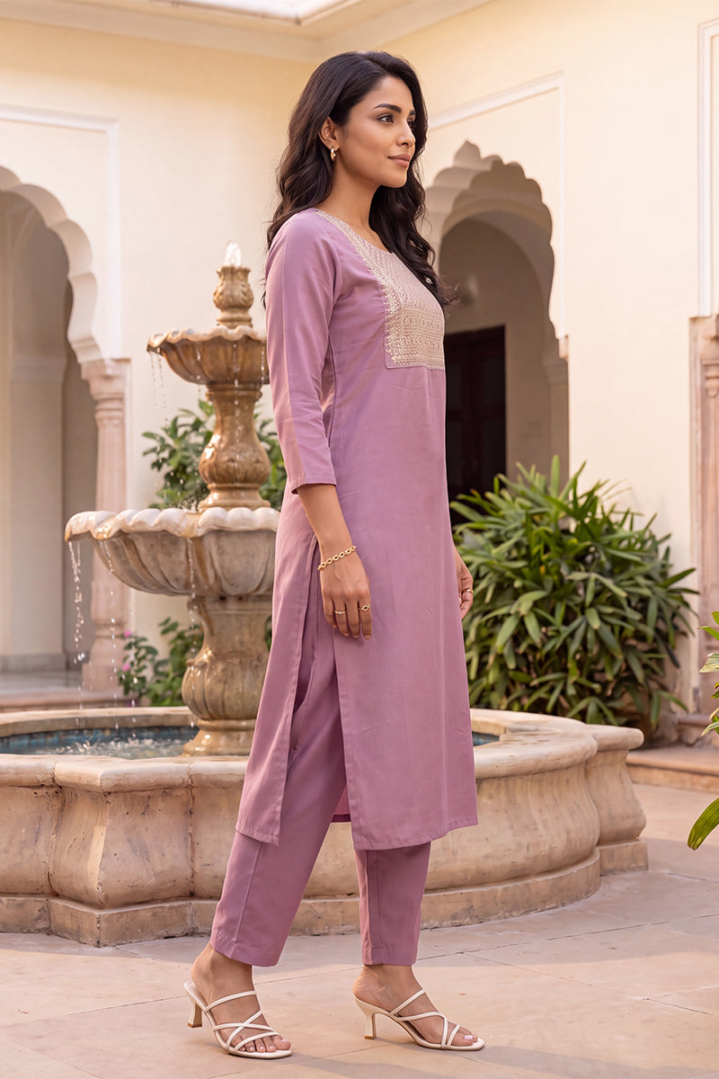 Ahika Women's Mauve Solid Embroidered Kurta with Trouser Set LPKSET1005