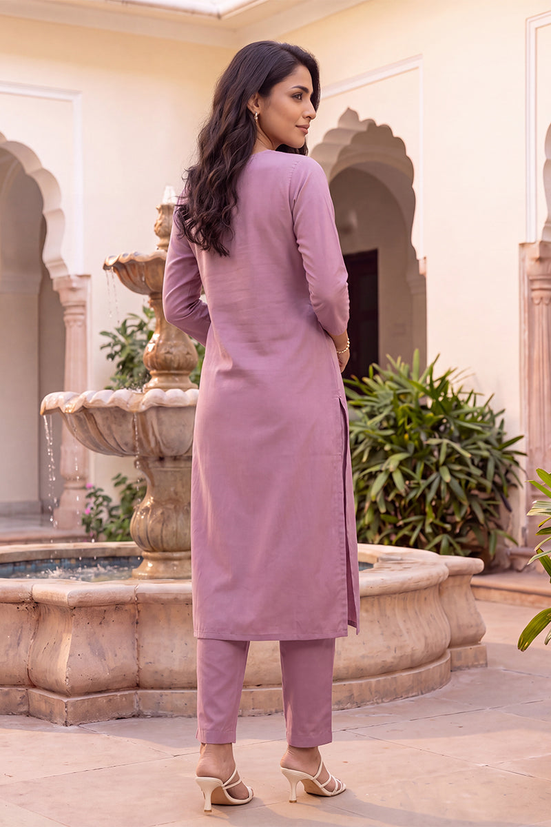 Ahika Women's Mauve Solid Embroidered Kurta with Trouser Set LPKSET1005