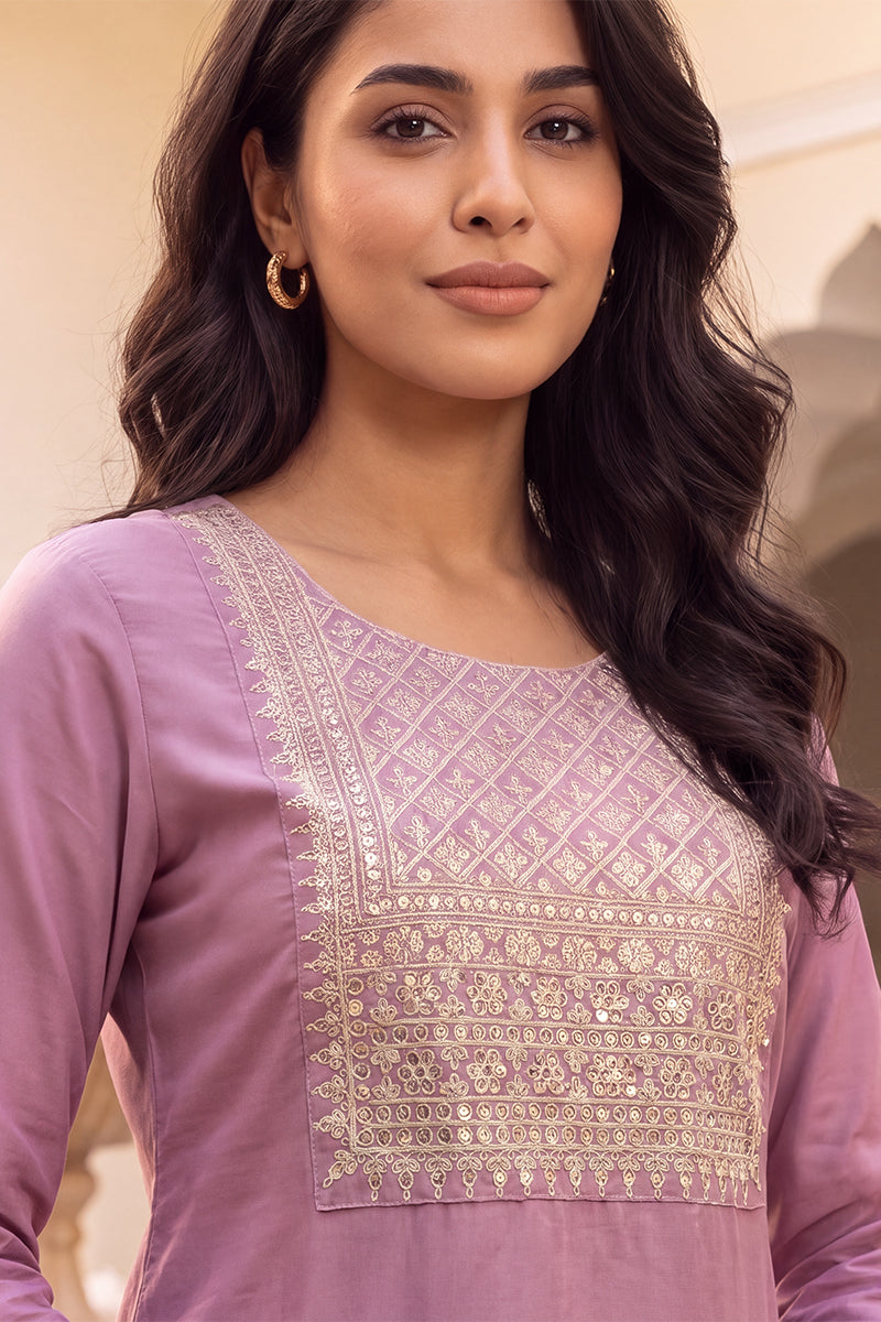 Ahika Women's Mauve Solid Embroidered Kurta with Trouser Set LPKSET1005