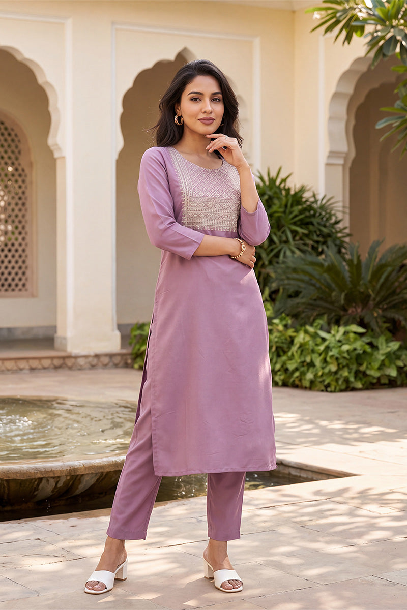 Ahika Women's Mauve Solid Embroidered Kurta with Trouser Set LPKSET1005