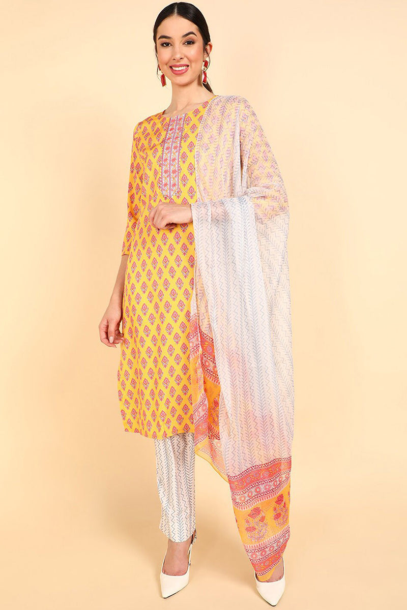 Mustard Polyester Straight Kurta Pant With Dupatta PKSKD1066