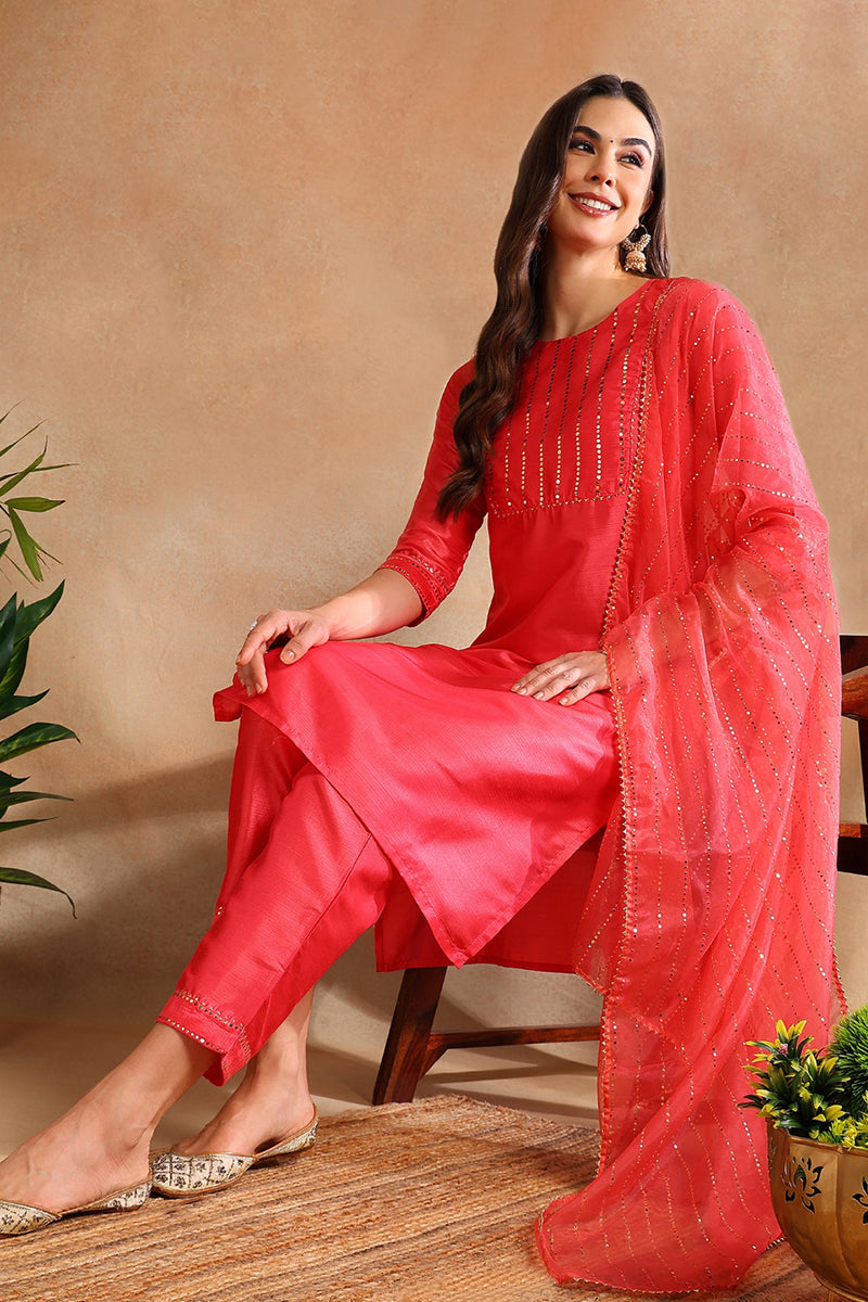 Fuchsia Poly Chanderi Solid Straight Suit Set PKSKD1089