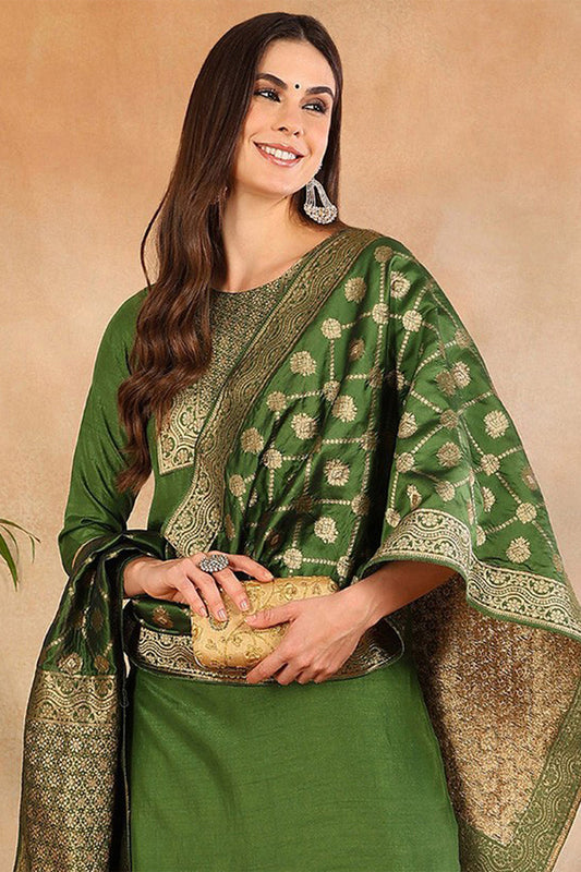 Green Poly Silk Solid Straight Suit Set PKSKD1109