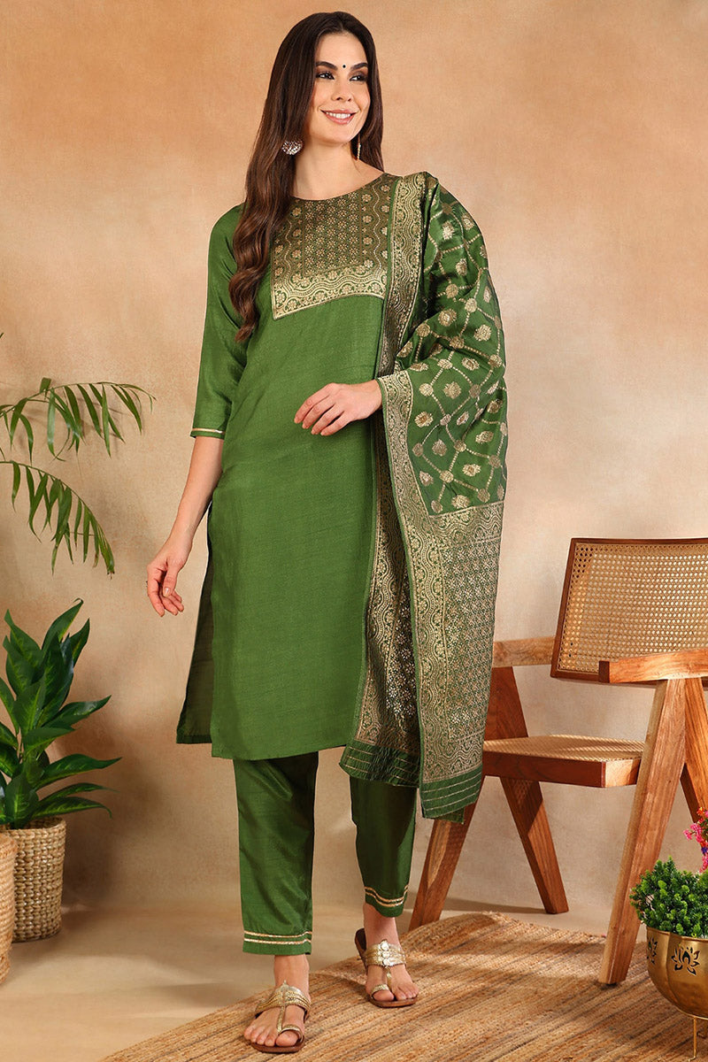 Green Poly Silk Solid Straight Suit Set PKSKD1109