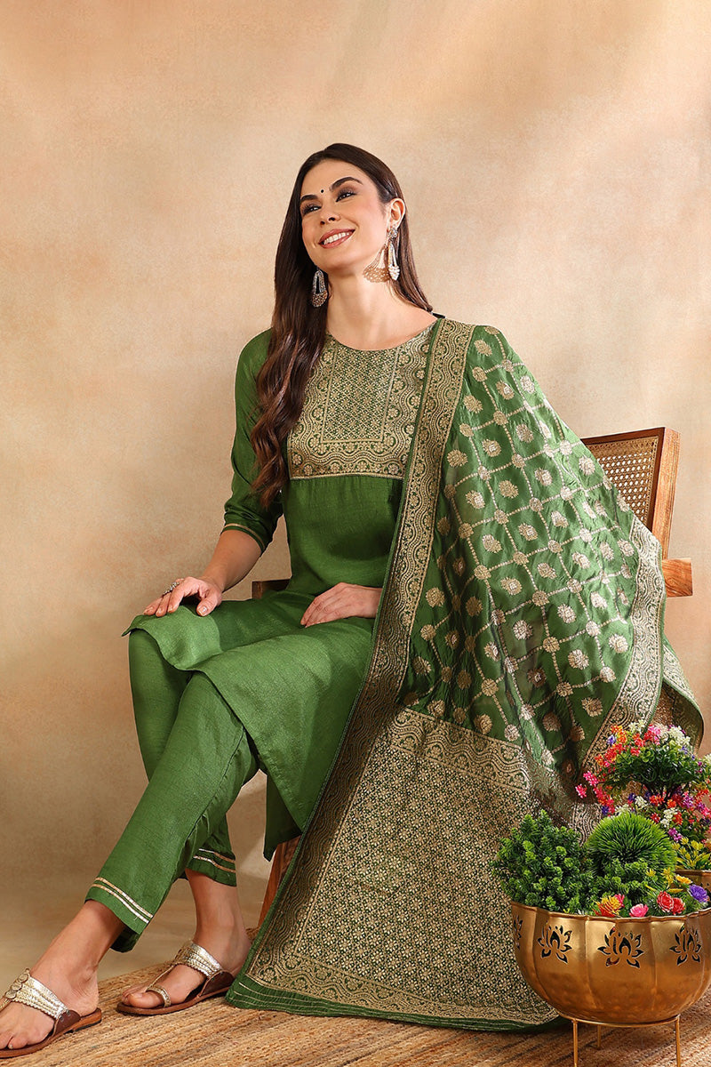Green Poly Silk Solid Straight Suit Set PKSKD1109