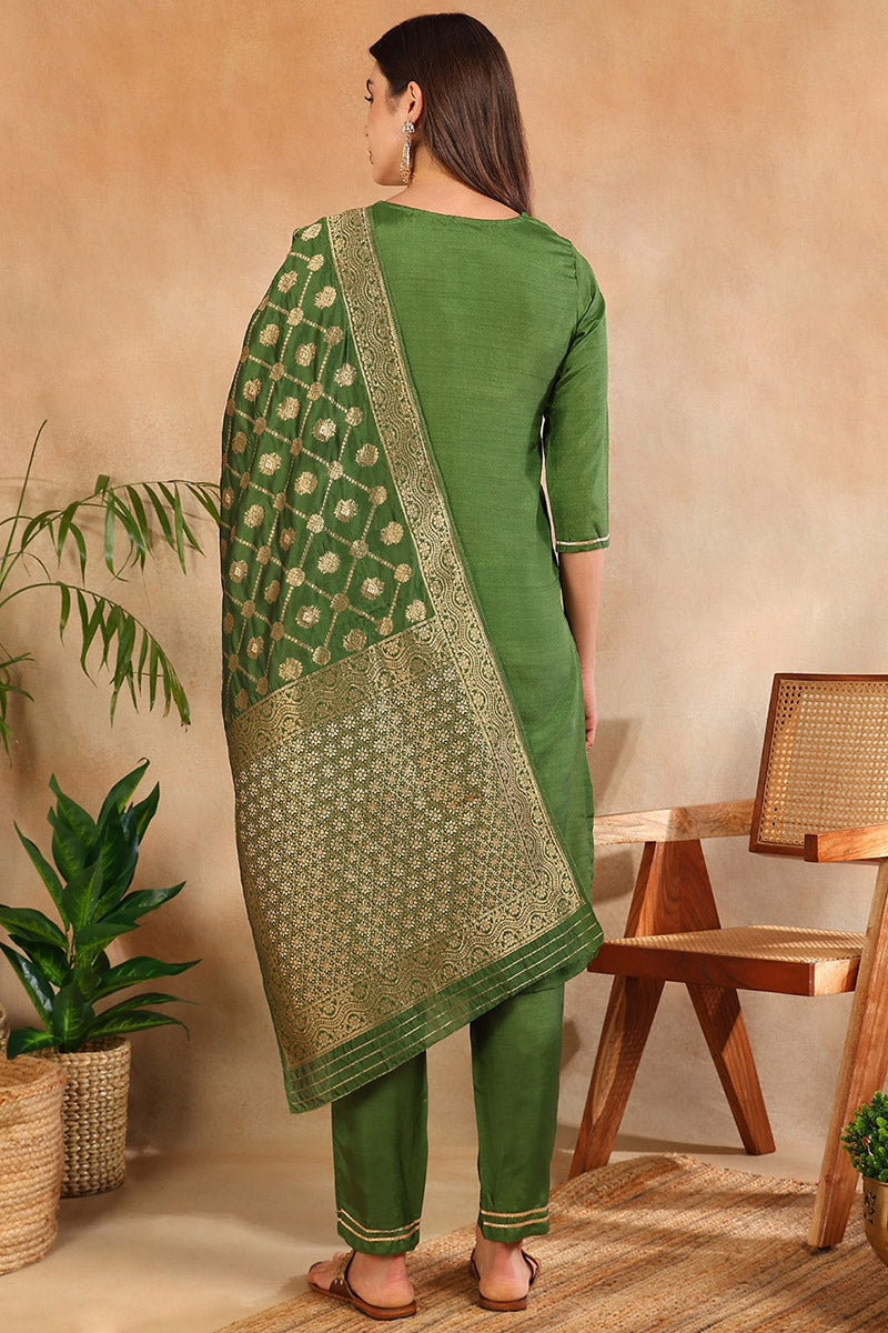 Green Poly Silk Solid Straight Suit Set PKSKD1109