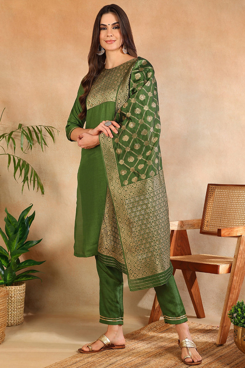 Green Poly Silk Solid Straight Suit Set PKSKD1109