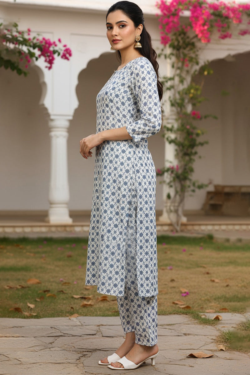 White Poly Crepe Ethnic Motifs Straight Suit Set PKSKD1152