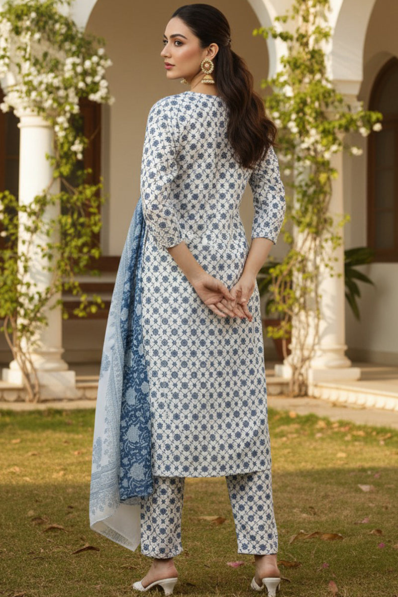 White Poly Crepe Ethnic Motifs Straight Suit Set PKSKD1152